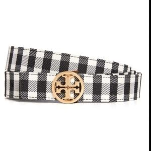 Tory Burch 1" Gingham Reversible Logo Belt XS. Reverses to black leather
